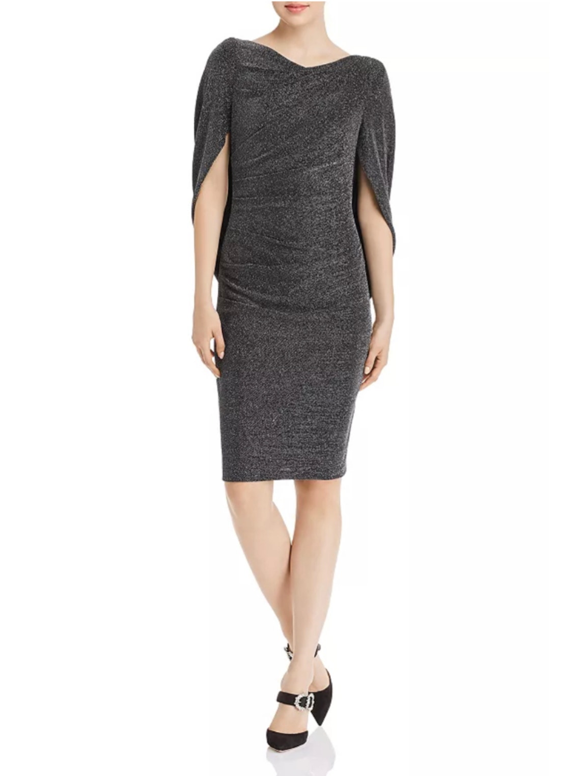 Avery G Black And Silver Cocktail Dress Metallic Draped Back Midi Sheath Size 8